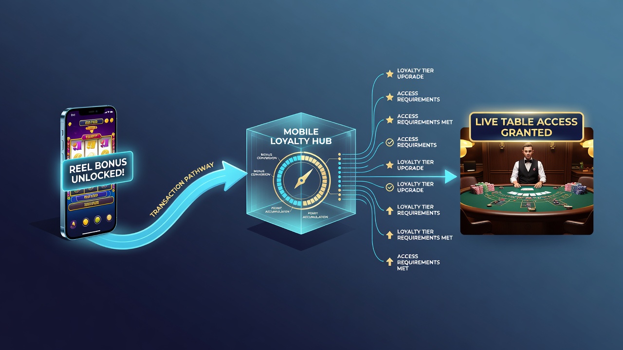 Diagram of loyalty tier progression and payment channels linking slots to live dealer tables on mobile devices