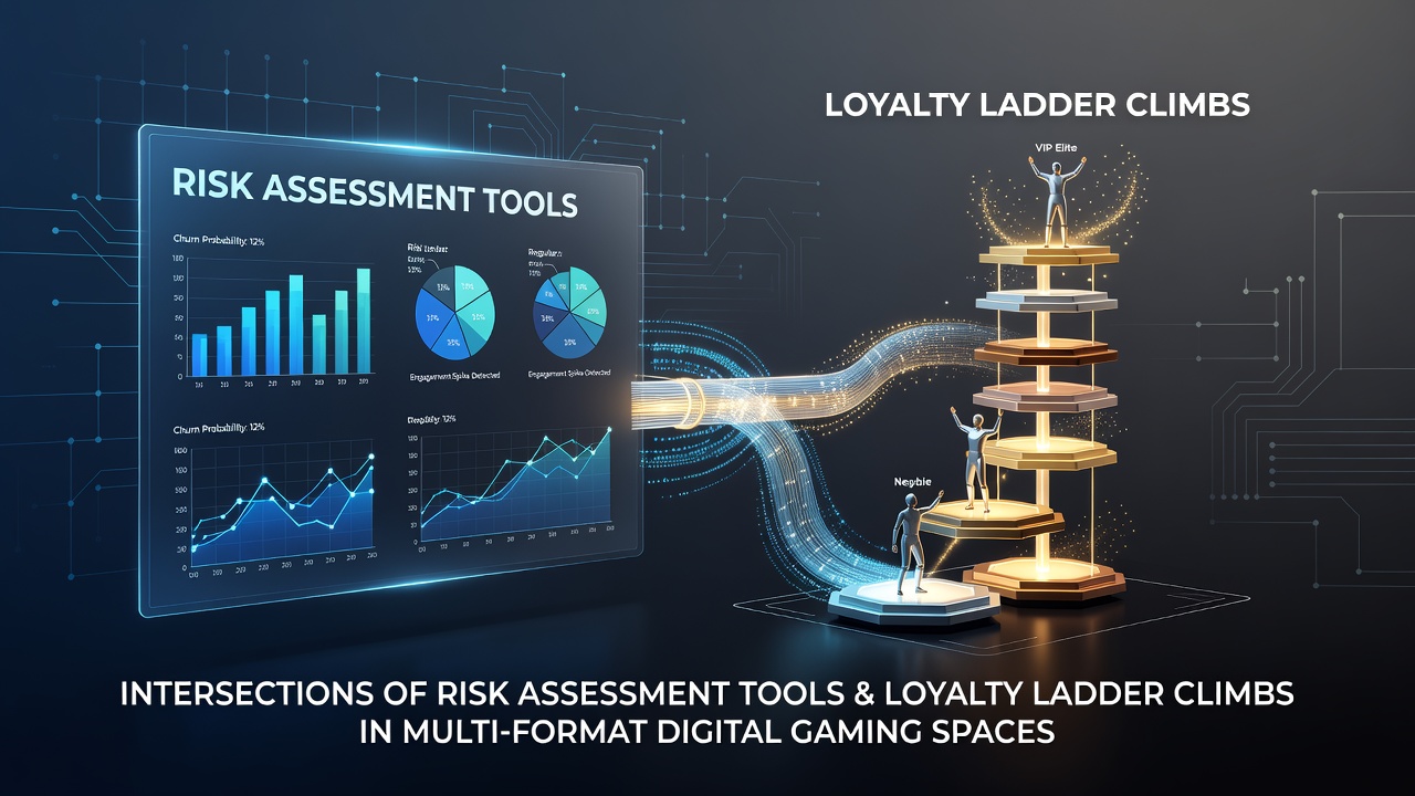 Digital gaming platforms showing loyalty tier progression alongside risk monitoring dashboards across slots and live dealer formats