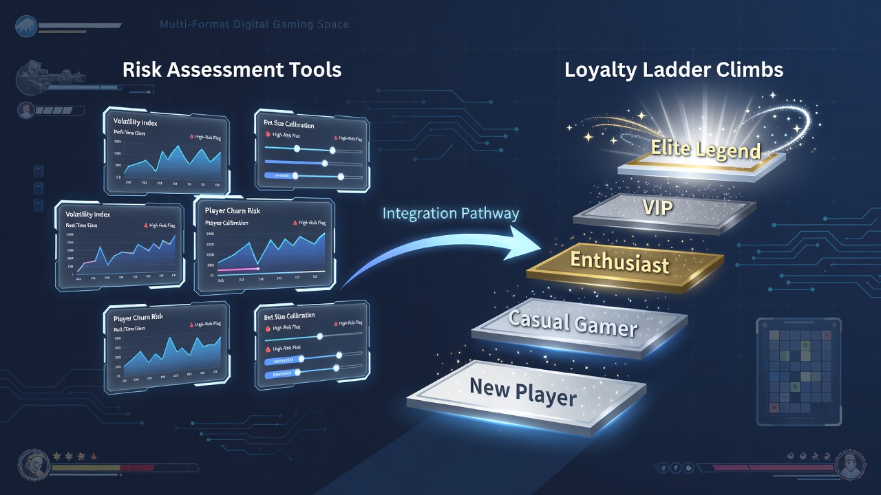 Analytics interface displaying overlapping loyalty tier metrics and risk indicators for multi-format casino accounts