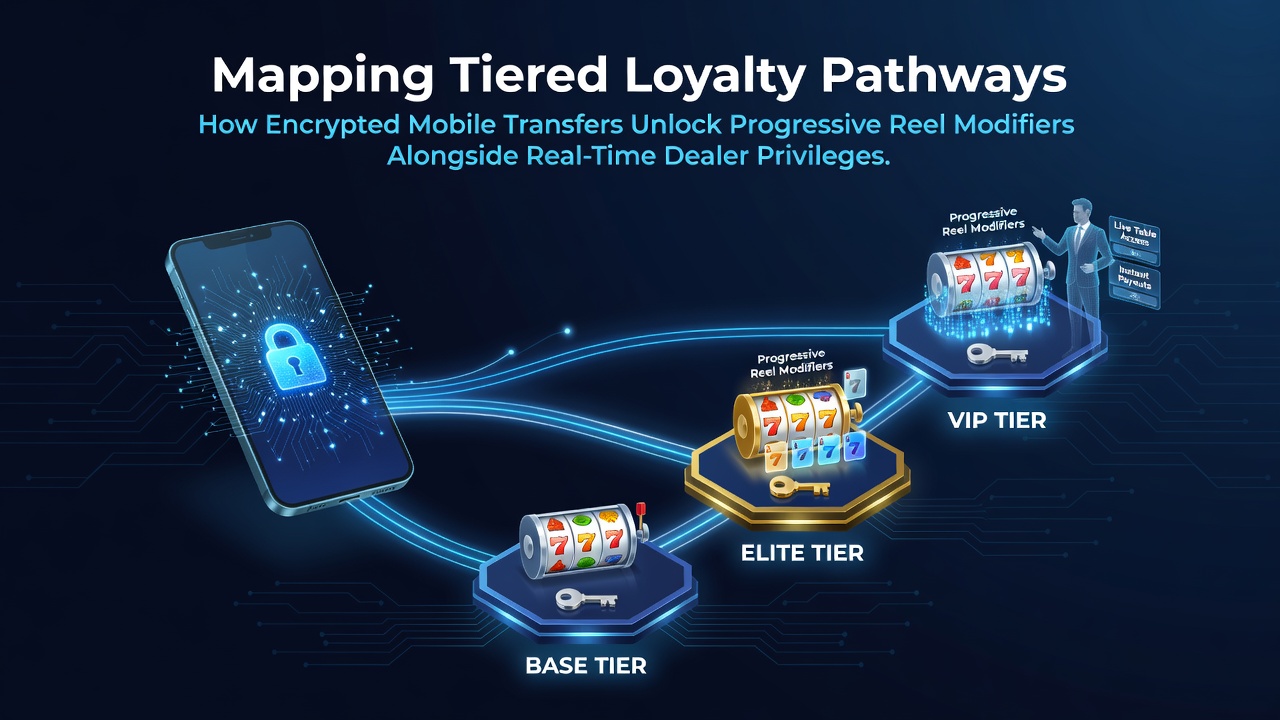 Diagram illustrating encrypted mobile transfer pathways connecting loyalty tiers to slot modifiers and live dealer access