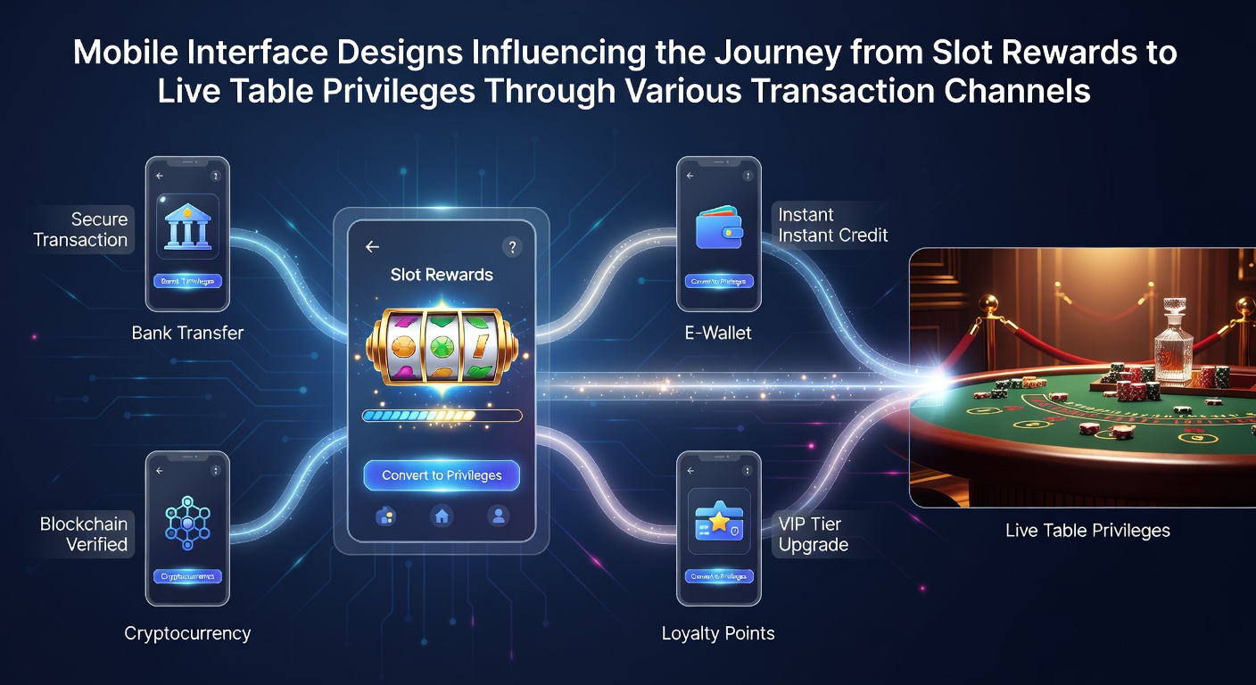 Mobile casino app interface displaying slot rewards dashboard transitioning to live table privileges with transaction options highlighted