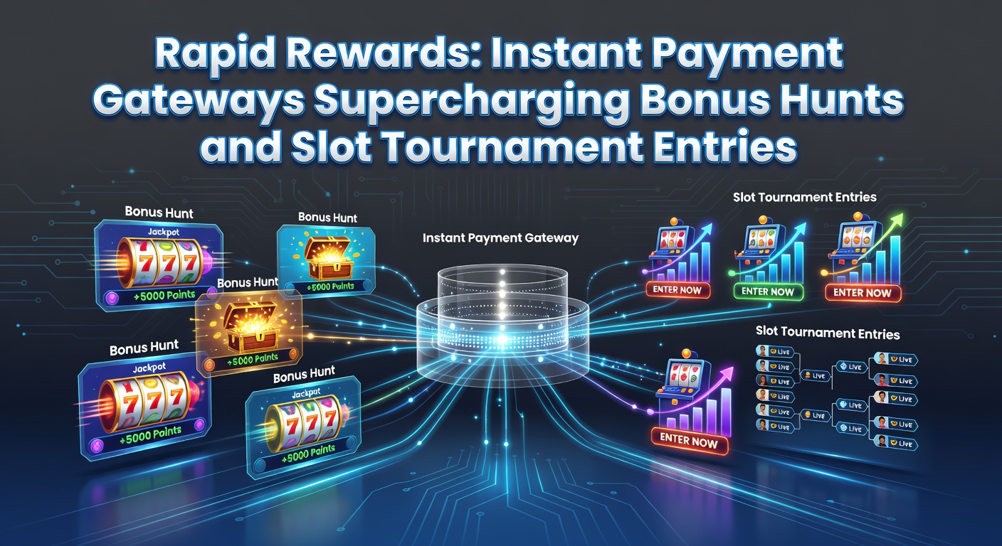 Dynamic graphic showing lightning-fast payment icons linking to casino bonus stacks and slot reels spinning in tournaments