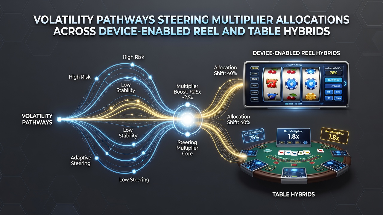 Device-enabled hybrid gaming interfaces showing reel and table multiplier pathways