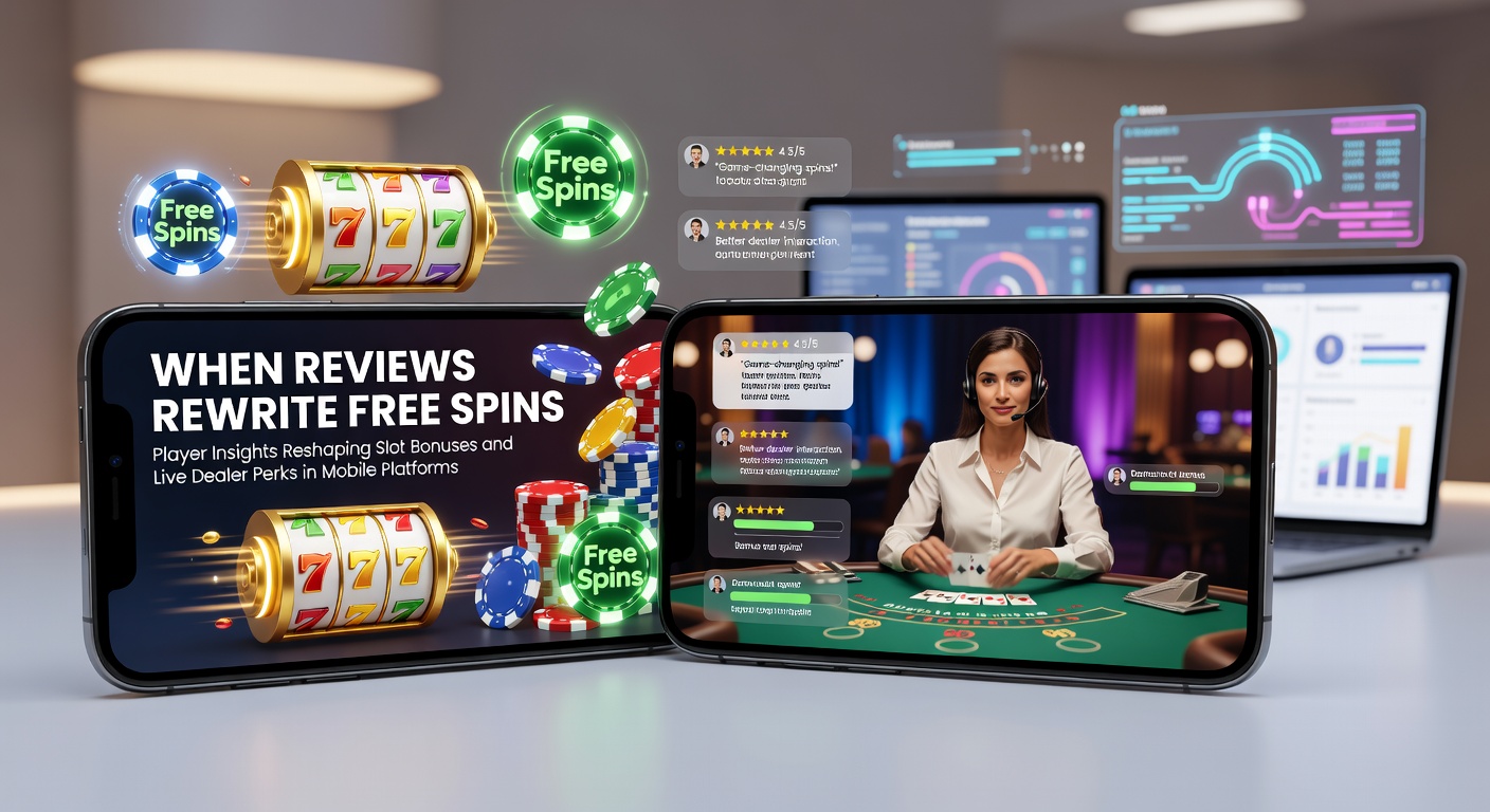 Mobile casino app displaying free spins offer with glowing slot reels and player review icons overlayed